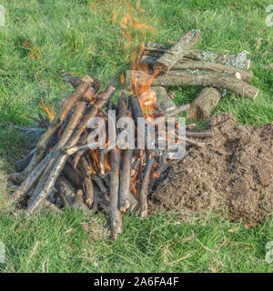 Part of series on building & lighting survival fire or camp fire. Emergency fire, prepping, survival skills, close up fire. See add. explanatory NOTES Stock Photo