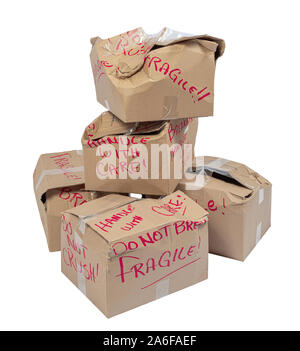 Vertical shot of Stack of Damaged Fragile Boxes Isolated On White. Stock Photo