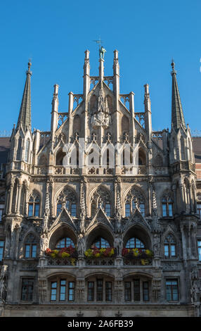 Architectural details of the New Town Hall (Neues Rathaus) with its ornate neo gothic exterior, Marienplatz, Altstadt, Munich, Bavaria, Germany Stock Photo