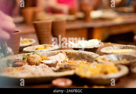 Shallow depth of feild shot with dal baati churma and other elements of a perfect rajasthani meal Stock Photo