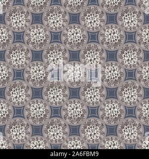 seamless vector pattern with floral decorated porcelain tiles mosaic in muted grey blue and brown Stock Vector