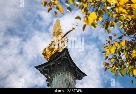 Friedensengel, Prinzregentenplatz, Munich, Bavaria, Germany, a park statue of a golden angel on a column, and monument to peace. Stock Photo