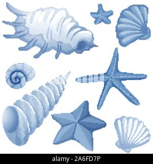 Different types of seashells in blue color illustration Stock Vector