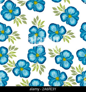 set of blue pansy flower, seamless repeat pattern with watercolor flowers, floral pattern isolated on white Stock Photo
