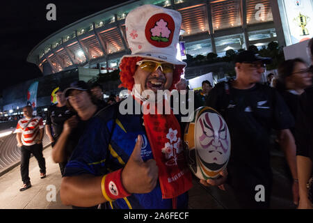 A Japanese rugby fan outside the Yokohama International Stadium after the Rugby World Cup semi-final clash between England and New Zealand. Yokohama, Japan. Saturday October 26th 2019. The championship favourites, New Zealand were beaten by the England team, 19 to 7. allowing England to reach its first world cup final since 2007 Stock Photo