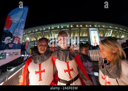 English Rugby fans dressed as  knights outside the Yokohama International Stadium after the Rugby World Cup semi-final clash between England and New Zealand. Yokohama, Japan. Saturday October 26th 2019. The championship favourites, New Zealand were beaten by the England team, 19 to 7. allowing England to reach its first world cup final since 2007 Stock Photo