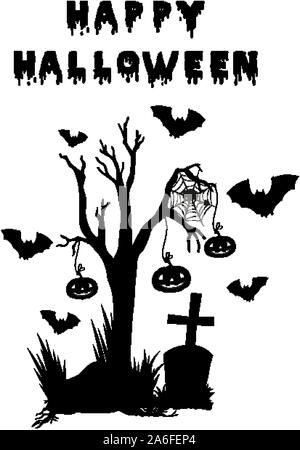 Halloween theme with bats and gravestone illustration Stock Vector