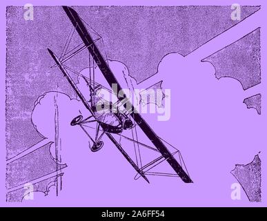 Rolling historic biplane in front of a cloudy and sunny sky on a purple background. Editable in layers Stock Vector