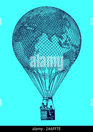 Historic gas balloon with earth map carrying two men on a cyan background. Editable in layers Stock Vector