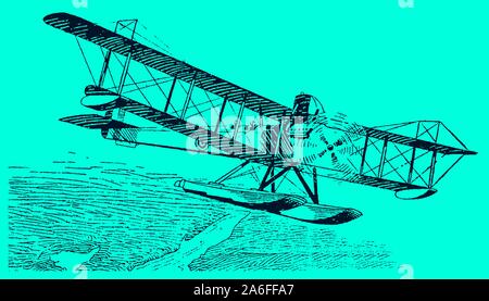 Historic single-engine biplane floatplane flying over an uninhabited river landscape on a blue-green background. Editable in layers Stock Vector