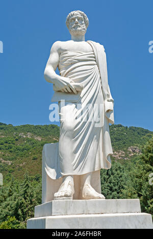 A statue of Aristotle at the mountain village Stagira on Chalcidice Peninsula, Central Macedonia, Greece. Stock Photo