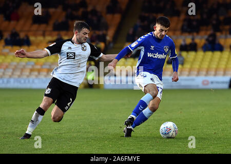 Burslem, UK. 26th Oct, 2019. BURSLEM, ENGLAND. OCTOBER 26TH Port Vale's James Gibbons and Oldham's Lewis McKinney in action during the Sky Bet League 2 match between Port Vale and Oldham Athletic at Vale Park, Burslem on Saturday 26th October 2019. (Credit: Eddie Garvey | MI News) Photograph may only be used for newspaper and/or magazine editorial purposes, license required for commercial use Credit: MI News & Sport /Alamy Live News Stock Photo