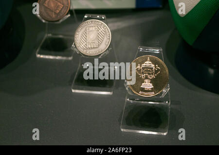 London, UK. 26th Oct, 2019. World cup medallions on display at the Twickenham museum on the day England reached the World Cup finals in Japan by beating the New Zealand All Blacks in Yokohama. Credit: Amer Ghazzal/SOPA Images/ZUMA Wire/Alamy Live News Stock Photo