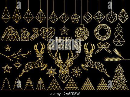 Gold geometric Christmas set, polygon reindeer, abstract low poly vector design elements Stock Vector