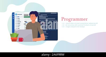 Programmer working writing code on laptop with line of code programming language on screen. Web developer using version control repository. Stock Vector