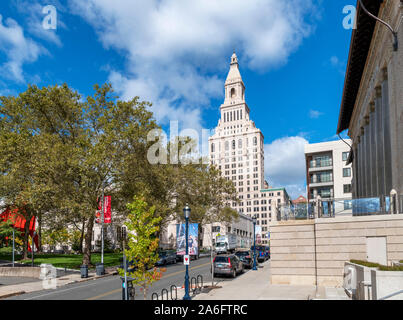 Prospect Street looking towards Travelers Tower from outside the old Hartford Times building in downtown Hartford, Connecticut, USA Stock Photo