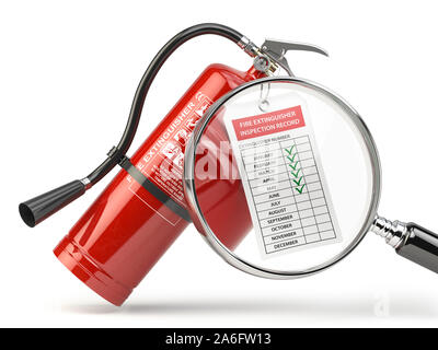 Fire extinguisher checking concept.Fire extinguisher checking concept. Fire extinguisher,  loupe with checklist. 3d illustration Stock Photo