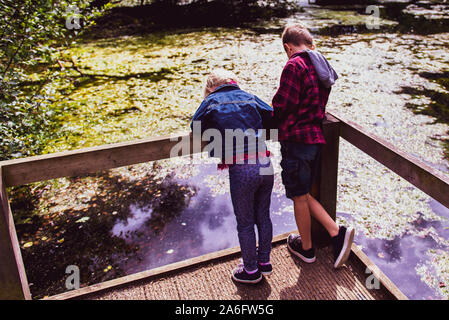 A little boy with ADHD, Autism, Asperger syndrome standing with his little sister looking at a pond, children looking at the pond in Hylands park, Stock Photo