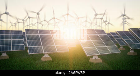 Solar panels with wind turbines on sunset summer landscape. Green energy concept. 3d illustration Stock Photo