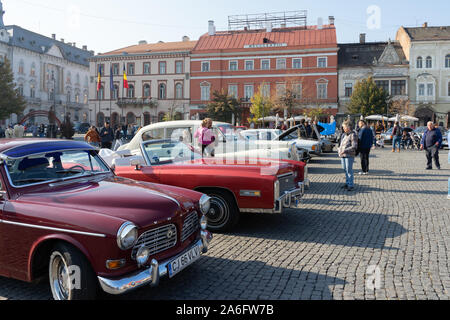 Cluj Napoca, Romania - 26 Oct, 2019: Visitors at the Retro Mobile Autumn Parade in Cluj Napoca, Romania, Oldtimer Show in Cluj Napoca. Stock Photo