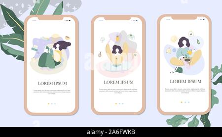 Bloggers with magnifier Set flat woman with plants. Reading, yoga, garden home work freelance and shopping device content concept. Mobile UI UX GUI Stock Vector
