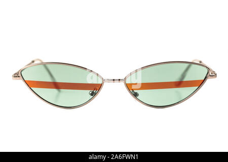 Green oval cat eye wrap around metal frame sunglasses with stripes isolated on white - front view Stock Photo