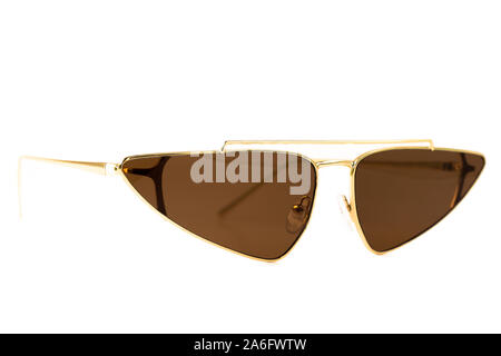 Brown Aviator Triangle wrap around golden frame sunglasses isolated on white - side view Stock Photo
