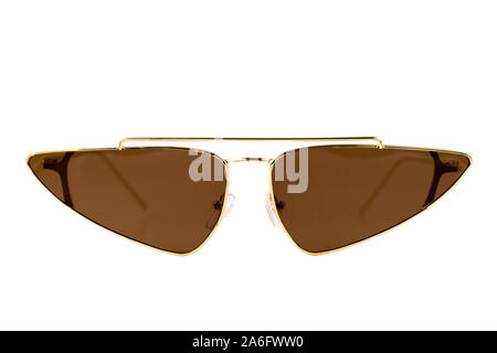 Brown Aviator Triangle wrap around golden frame Sunglasses isolated on white - front view Stock Photo