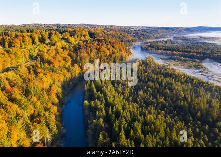 Mouth of the Loisach into the Isar, Pupplinger Au, Nature Reserve Isarauen, near Wolfratshausen, aerial view, Upper Bavaria, Bavaria, Germany Stock Photo