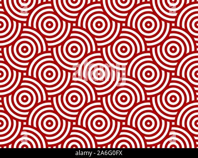 Red and white intersecting repeating circles pattern. Japanese style circles seamless background. Modern spiral abstract geometric wavy pattern tiles. Stock Vector