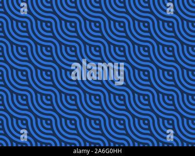 Blue wavy lines seamless pattern. Japanese style striped curly texture. Traditional abstract geometric pattern tiles. Overlapping repeating circles Stock Vector