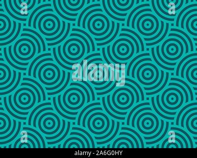 Green and teal intersecting repeating circles pattern. Japanese style circles seamless background. Modern spiral abstract geometric wavy pattern tiles Stock Vector