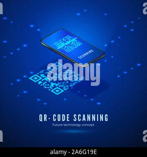 QR code scan isometric concept. Mobile phone with scanning digital barcode on screen. Technology background in blue colors. Vector Stock Vector