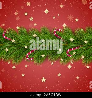 Merry Christmas and Happy New Year. Christmas Tree Branches Decorated with Golden Stars and Snowflakes and Candy Canes. Holiday Decoration Element Stock Vector