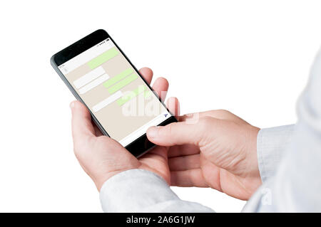 Man in shirt using a smartphone to send instant messages. White background. Stock Photo