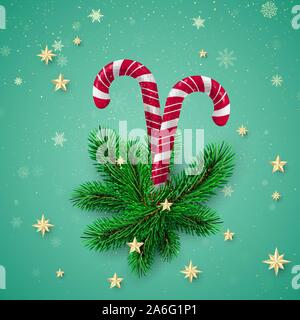 New Year Greeting Card Template. Christmas Candy with New Year Tree Branches and Golden Snowflakes with Glitter and Stars on Background in Green Color Stock Vector
