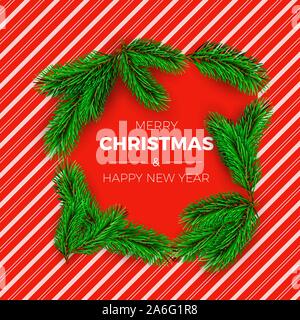 Christmas tree branches on red candy background with white stripes. New Year decoration elements. Vector illustration Stock Vector