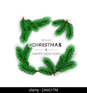 Merry Christmas and happy New Year greeting card. Holiday decoration element. New Year invitation design with fir branches. Vector illustration Stock Vector