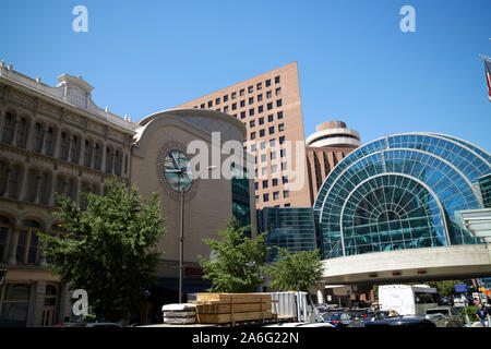 old griffith block building facade on the circle centre with  indianapolis artsgarden indiana USA Stock Photo