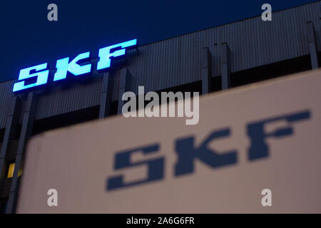 Gothenburg, Gamlestaden, Sweden. 23rd Oct, 2019. SKF logo on the headquarter building in Gothenburg.SKF (Svenska Kullagerfabriken; 'Swedish Ball Bearing Factory') is a leading bearing and seal manufacturing company founded in 1907 in Gothenburg. The company manufactures and supplies bearings, seals, lubrication and lubrication systems, maintenance products, power transmission products, condition monitoring systems and related services globally. Credit: Karol Serewis/SOPA Images/ZUMA Wire/Alamy Live News Stock Photo