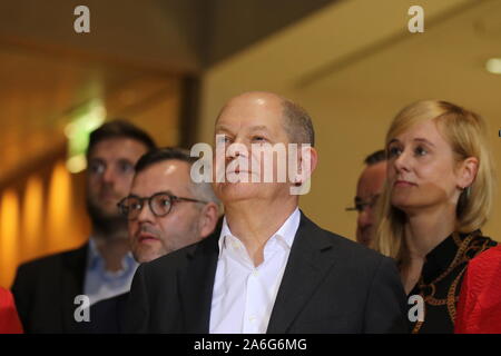 Germany, Berlin, 10/26/2019. Ditmar Nietan and Olaf Scholz in the SPD headquarters in Berlin. The SPD members elect Federal Finance Minister Olaf Scholz and Klara Geywitz just ahead of Norbert Walter-Borjans and Saskia Esken for the SPD presidency. The race for the SPD presidency goes into the runoff election in November: the two candidates will then be elected at the party congress. Stock Photo