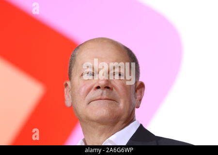 Germany, Berlin, 10/26/2019. Olaf Scholz in the SPD headquarters in Berlin. The SPD members elect Federal Finance Minister Olaf Scholz and Klara Geywitz just ahead of Norbert Walter-Borjans and Saskia Esken for the SPD presidency. The race for the SPD presidency goes into the runoff election in November: the two candidates will then be elected at the party congress.