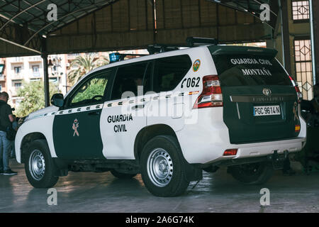 Valencia, Spain - May 5, 2019: Close-up detail of the logo and markings on the  van of the Spanish Civil Guard parked during a routine patrol. Securit Stock Photo