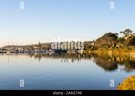 Harbor scene photographed from La Playa, which is a bayfront neighborhood in the Point Loma community of San Diego, California. Stock Photo