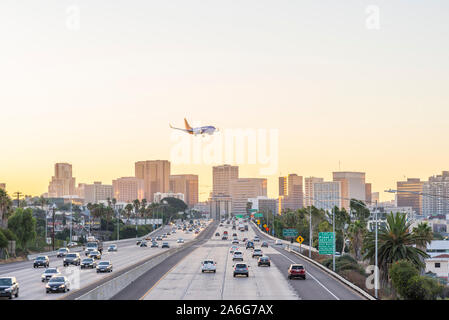 Cars on Interstate 5 with the San Diego Skyline in the background. San Diego, California, USA. Stock Photo