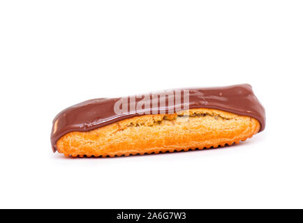 French Eclair with Chocolate brown Glaze. Eclairs with Custard isolated on white Background, top View Stock Photo