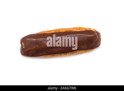 French Eclair with Chocolate brown Glaze. Eclairs with Custard isolated on white Background, top View Stock Photo