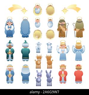 Big Two Sided Nativity Icons Collection. Cute cartoon characters. Vector illustration without transparency. Stock Vector