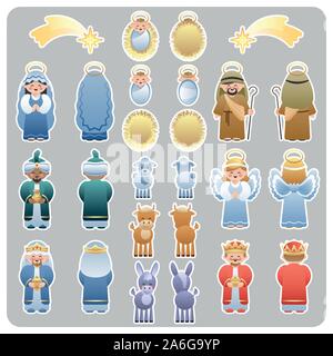 Big Two Sided Nativity Stickers Collection. Cute cartoon characters. Vector illustration without transparency. Stock Vector