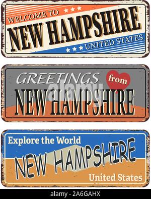 Vintage tin sign with America state New Hampshire Retro souvenir or postcard template on rust background. Stock Vector